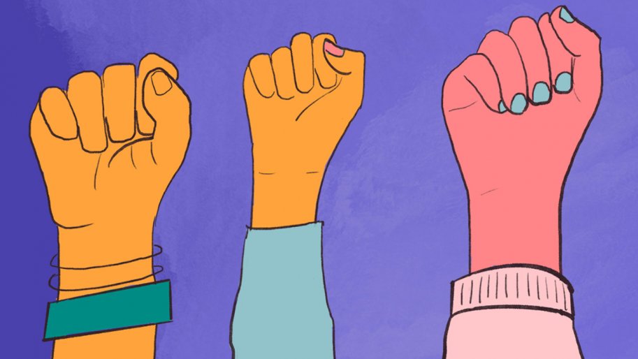 3 points de femmes levés vers le ciel