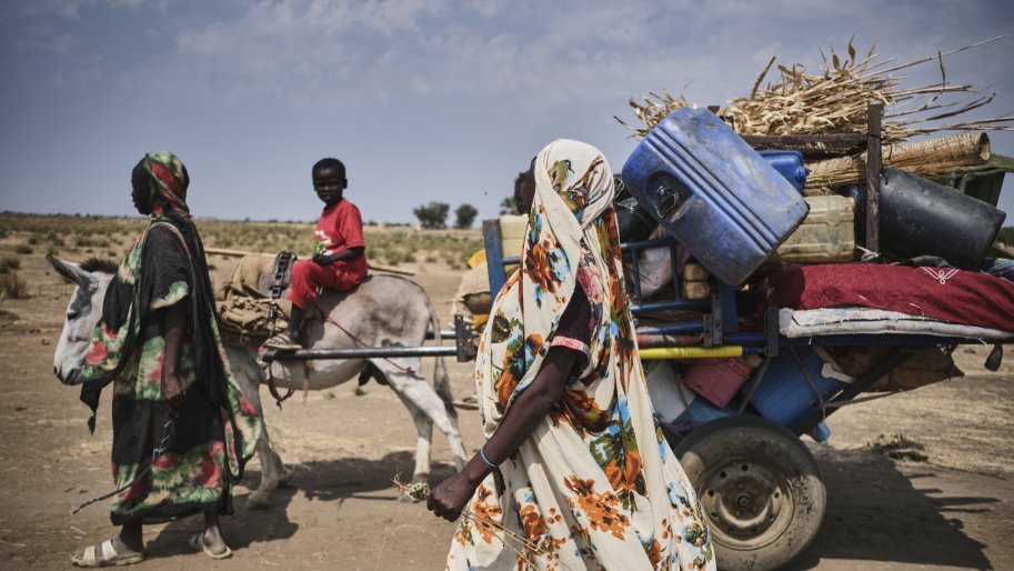 Une famille nouvellement arrivée à Jerbana, à seulement 20 km de la frontière soudanaise, avec toutes ses possessions sur une charrette tirée par un âne. C'est le moyen de transport utilisé par la plupart des réfugiés qui traversent la frontière vers le Soudan du Sud.
