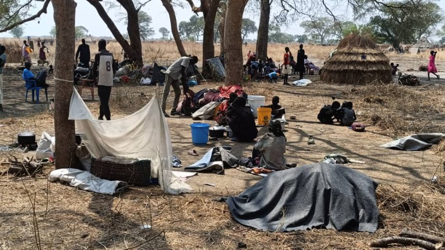 À Nyatim, dans l'État de Jonglei, au Soudan du Sud, des familles trouvent refuge sous les arbres. 
