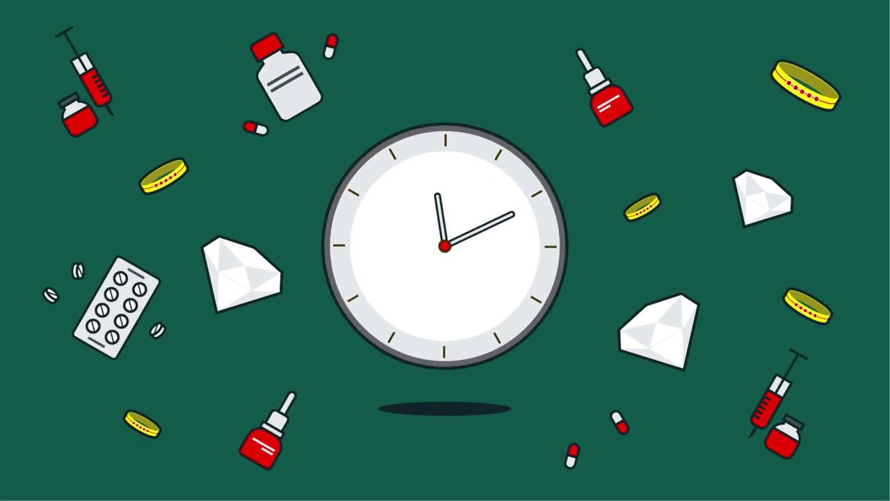 illustration avec des médicaments et une grande montre au milieu 