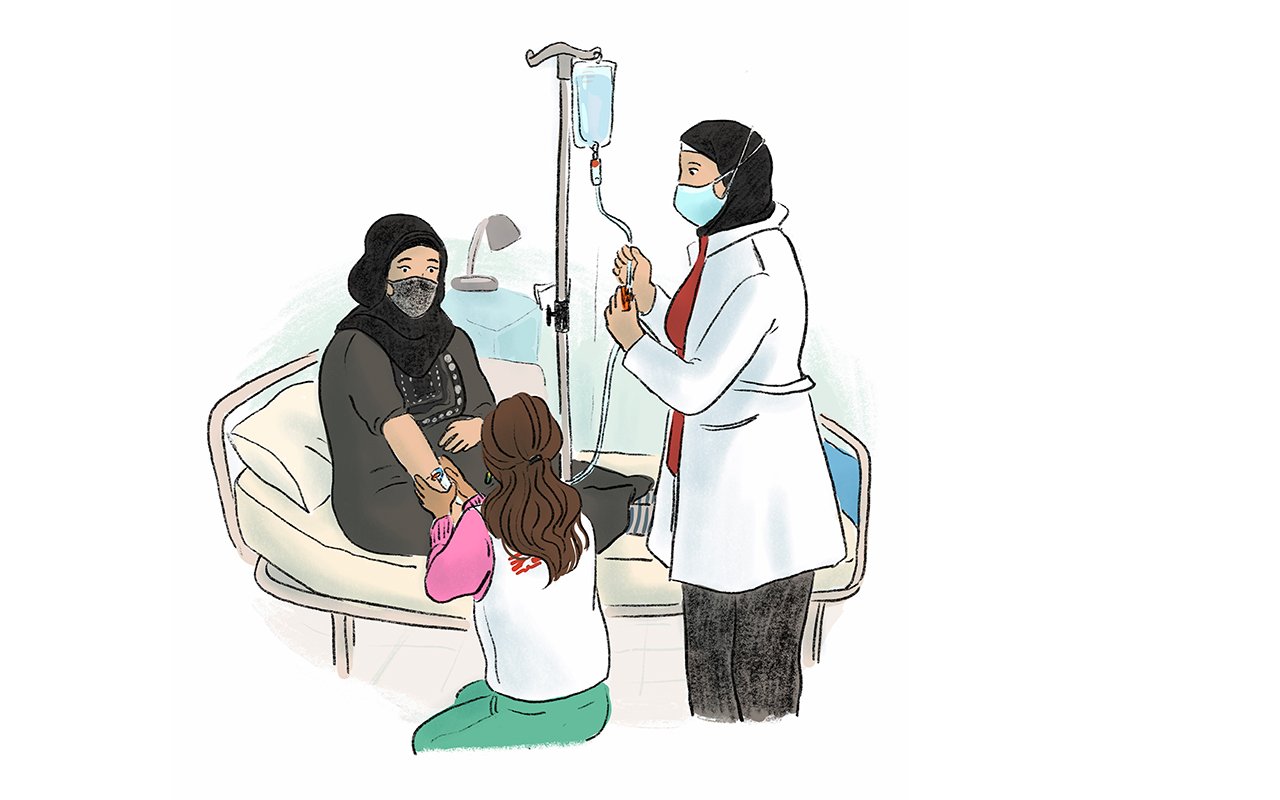 Mit dieser Illustration möchten wir gerne den Beitrag zur Reise von Samira Belorf starten. Das Bild wurde im Geburtszentrum von Burj al-Barajneh gezeichnet, während einer Patientin eine Infusion gelegt wird.