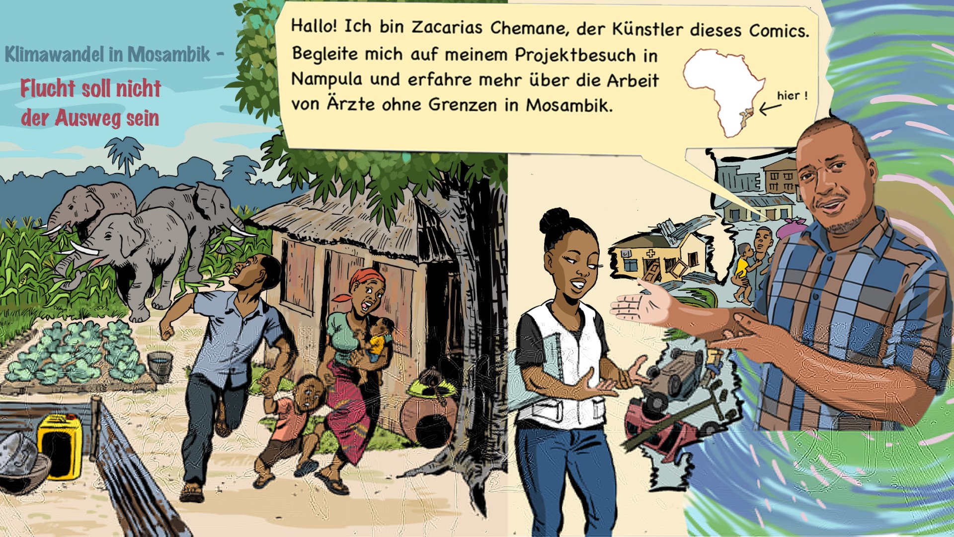 Comic des Künstlers Zacarias Chemane aus Mosambik über die Auswirkungen des Klimawandels auf die Gesundheit.