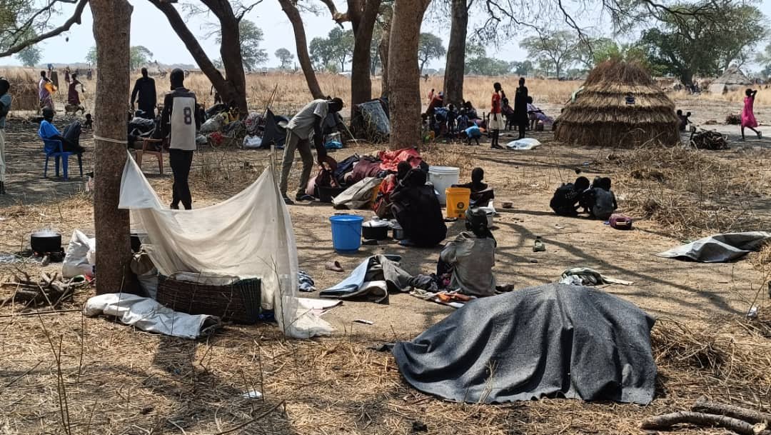 À Nyatim, dans l'État de Jonglei, au Soudan du Sud, des familles trouvent refuge sous les arbres. 