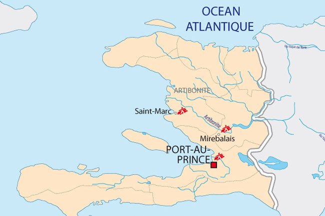 Les zones affectées, le long du fleuve Artibonite entre les villes de Saint-Marc et Mirebalais. 