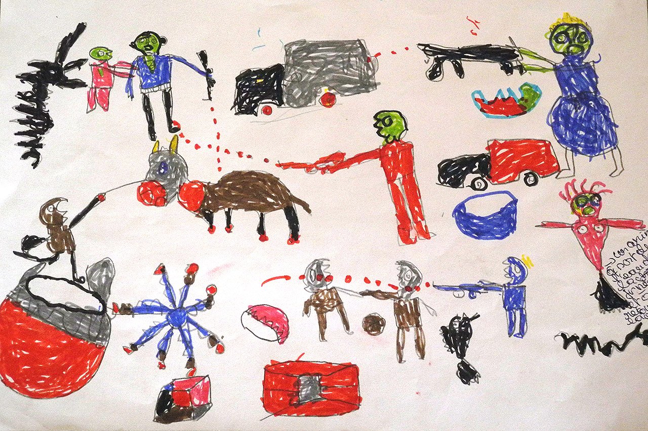 Lors de chaque séance, les enfants relatent des histoires terribles à travers leurs dessins.