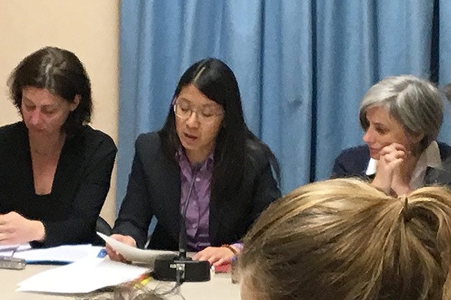 Le Dr Joanne Liu, présidente international de MSF lors de sa déclaration au Palais des Nations à Genève.