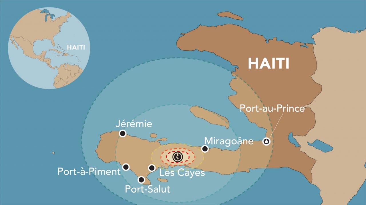 Carte du tremblement de terre d'août 2021 et des zones soutenues par MSF en Haïti.