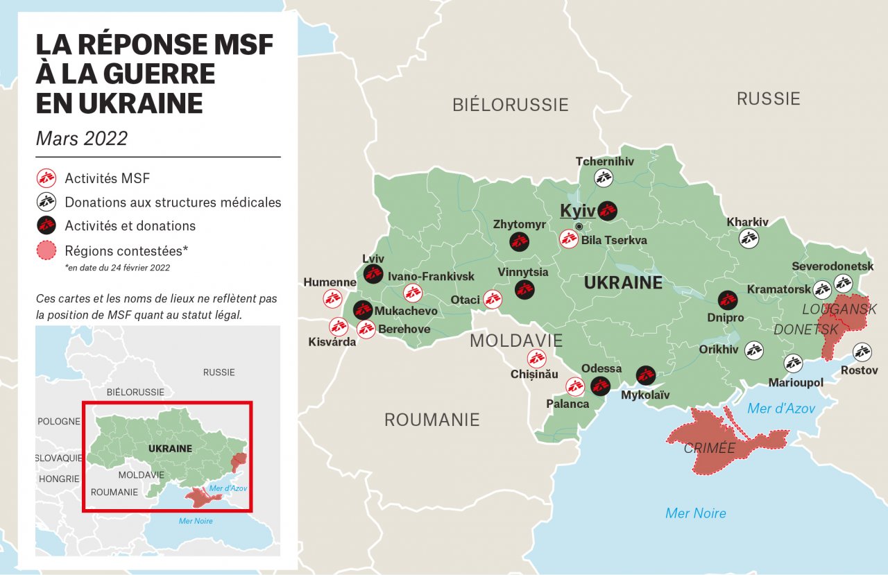 Carte des activités MSF en Ukraine en mars 2022