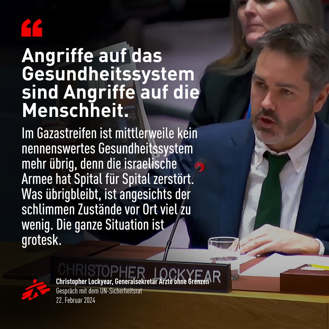 Christopher Lockyear, Generalsekretär von Médecins Sans Frontières, bei seiner Rede vor dem UNO-Sicherheitsrat. New York. 22. Februar 2024