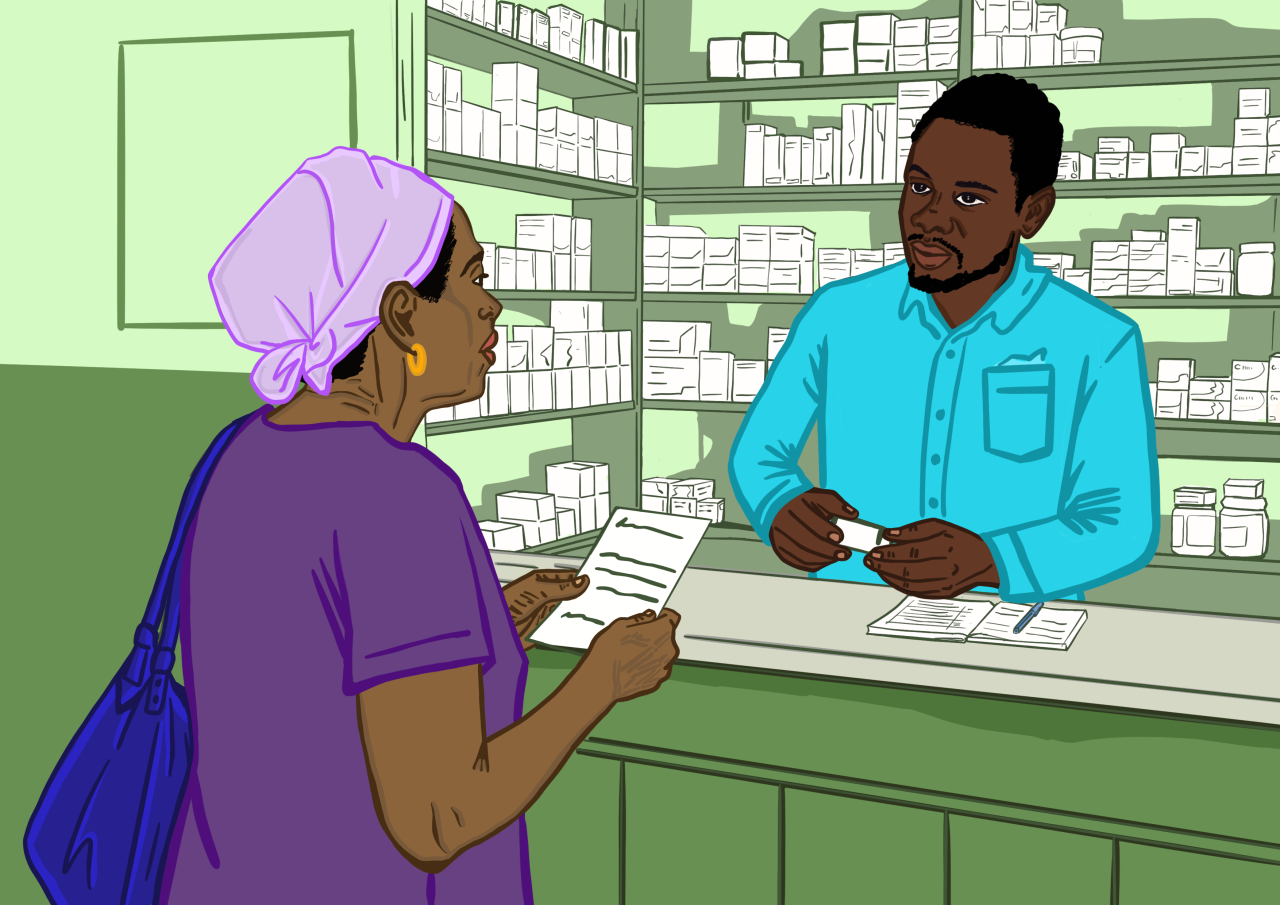 Eine Frau geht in eine Apotheke in Port-au-Prince, um Medikamente zu kaufen.