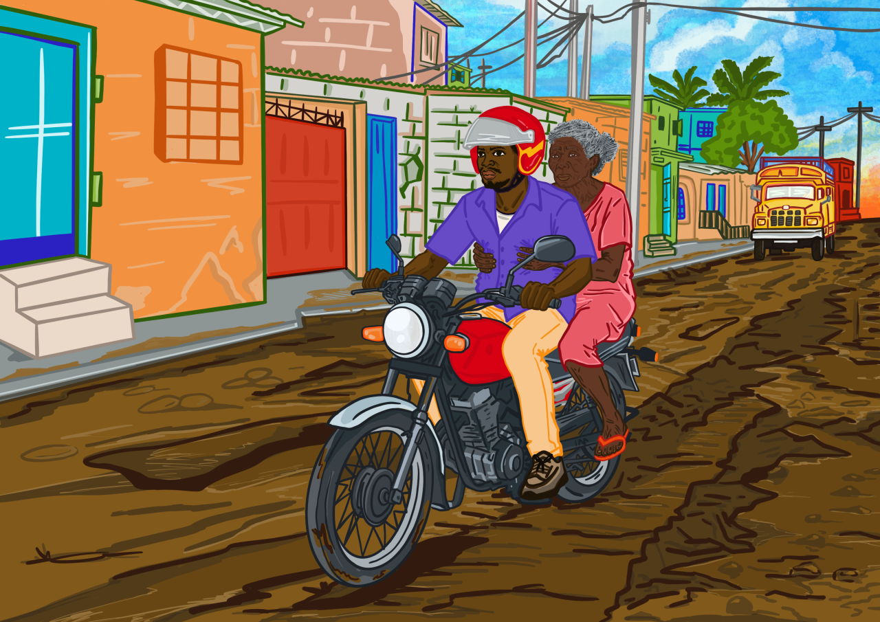 Une personne à l'arrière d'un taxi-moto dans les rues de Port-au-Prince, Haïti