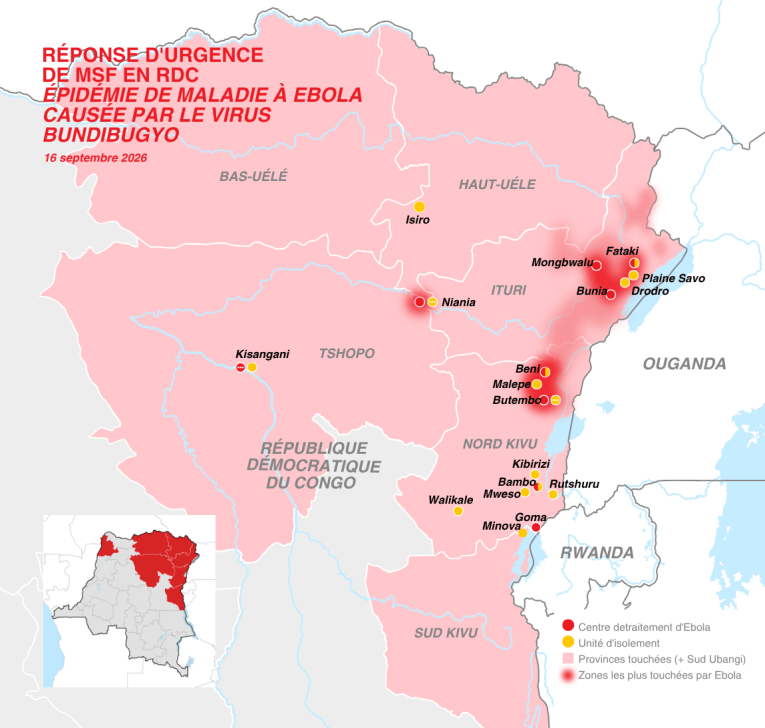 La carte de la réponse médicale de MSF en République démocratique du Congo (RDC), au 16 septembre 2026. 