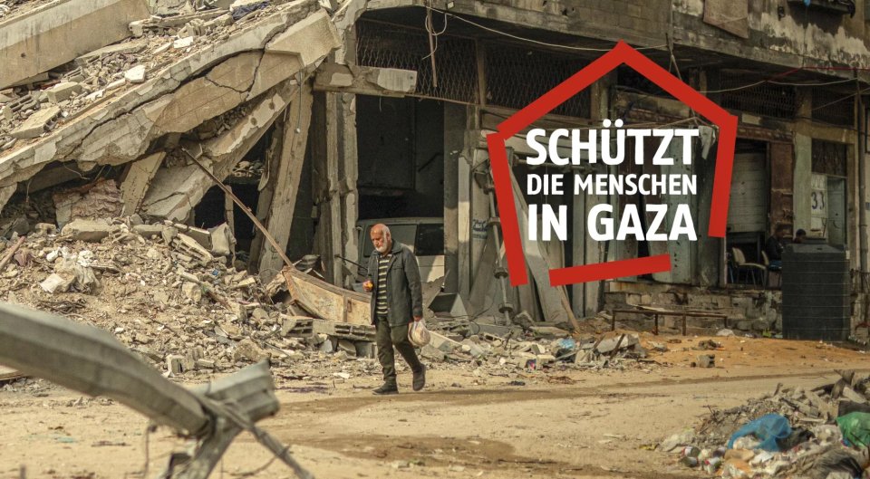 Old man walking in destroyed streets in Gaza with the logo "protect the population of Gaza" in three languages