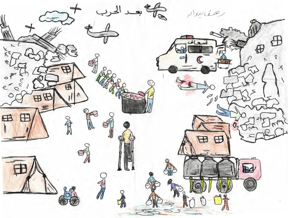 Rahaf, 11 ans, a réalisé deux dessins : l'un datant d'avant la guerre, l'autre d'après.
