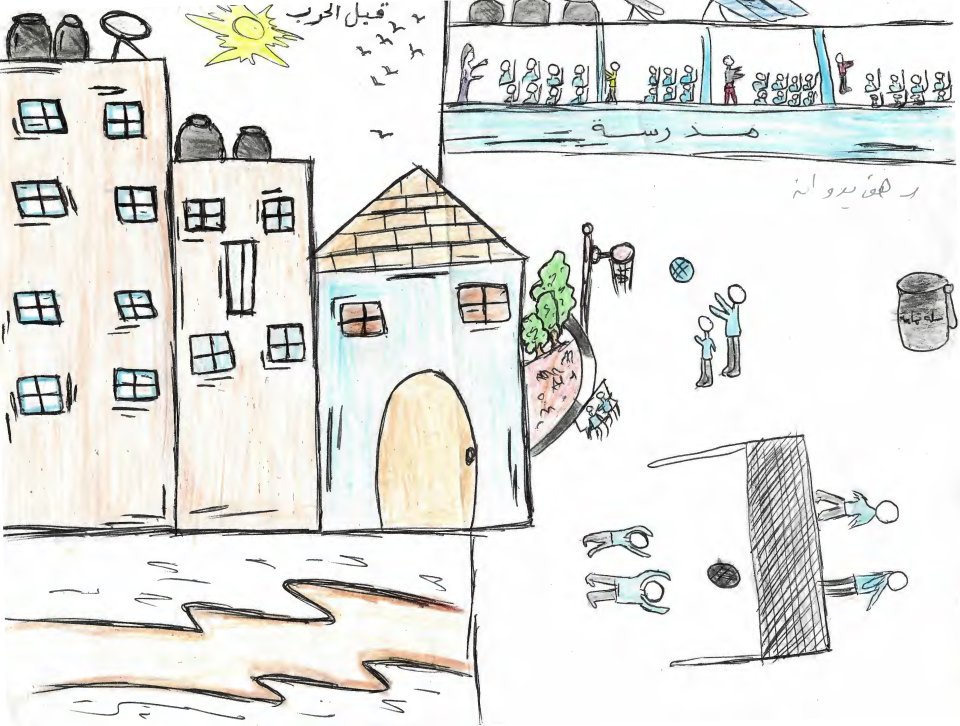 Rahaf, 11 ans, a réalisé deux dessins : l'un datant d'avant la guerre, l'autre d'après.