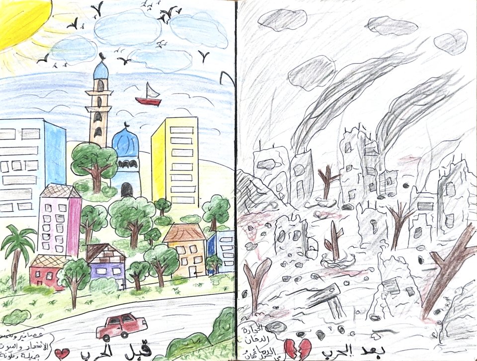 Dina, 11 ans, a dessiné son quartier avant et après le génocide ; elle se souvient de la mosquée, des bâtiments et des arbres. Elle a expliqué qu’elle pensait revenir du sud pour retrouver Gaza, mais cela n’a pas été le cas.