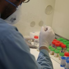 Un technicien MSF analyse des échantillons dans le laboratoire de l'hôpital de Médecins Sans Frontières (MSF) spécialisé dans la tuberculose résistante aux médicaments (DR-TB) dans la ville de Kandahar, dans la province de Kandahar, en Afghanistan. 10 mars 2022.