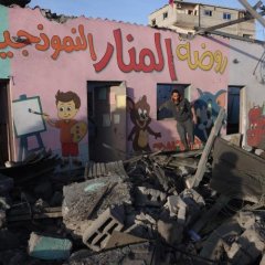 Ruines d'un bâtiment touché par un bombardement dans le sud de la bande de Gaza. Novembre 2023.