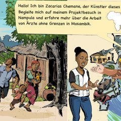 Comic des Künstlers Zacarias Chemane aus Mosambik über die Auswirkungen des Klimawandels auf die Gesundheit.