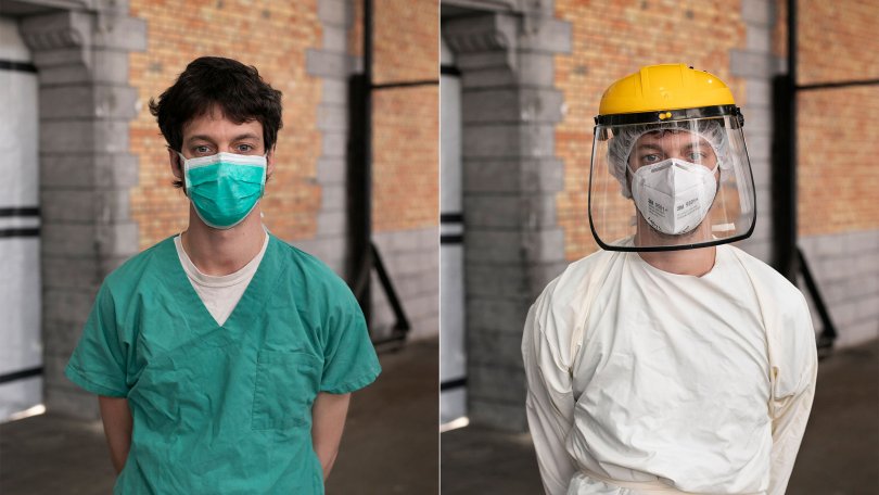 Louis Fonsny, médecin MSF, avec et sans son équipement de protection individuel pour rendre visite aux patients Covid-19. Bruxelles, le 6 mai 2020.
