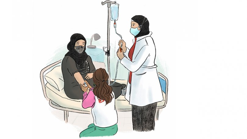 Mit dieser Illustration möchten wir gerne den Beitrag zur Reise von Samira Belorf starten. Das Bild wurde im Geburtszentrum von Burj al-Barajneh gezeichnet, während einer Patientin eine Infusion gelegt wird.
