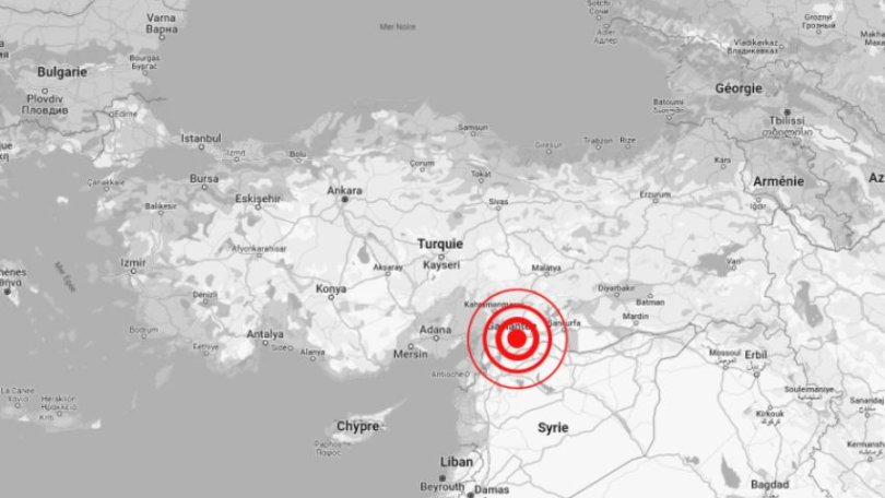 Karte des Epizentrums des Erdbebens in Syrien und der Türkei. Febraur 2023.