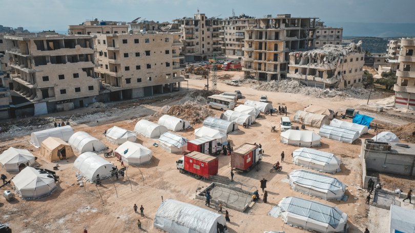 Schutzunterkunft im Nordwesten Syriens nach dem Erdbeben. Februar 2023.