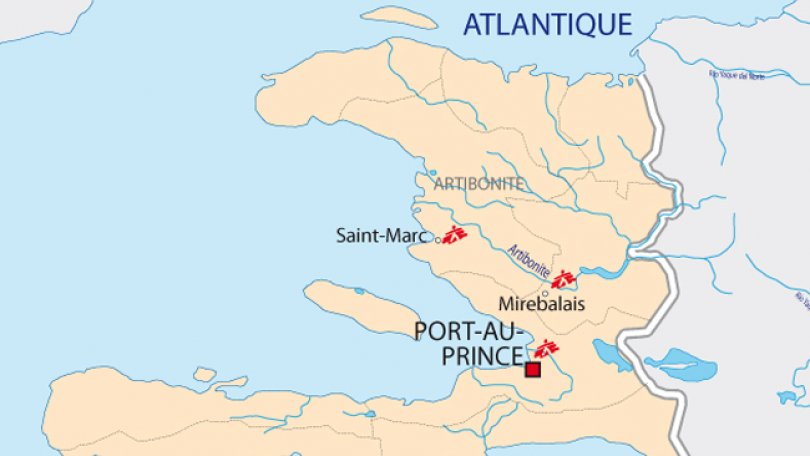 Les zones affectées, le long du fleuve Artibonite entre les villes de Saint-Marc et Mirebalais. 
