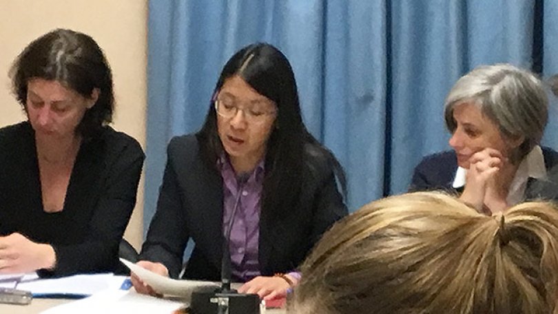 Le Dr Joanne Liu, présidente international de MSF lors de sa déclaration au Palais des Nations à Genève.
